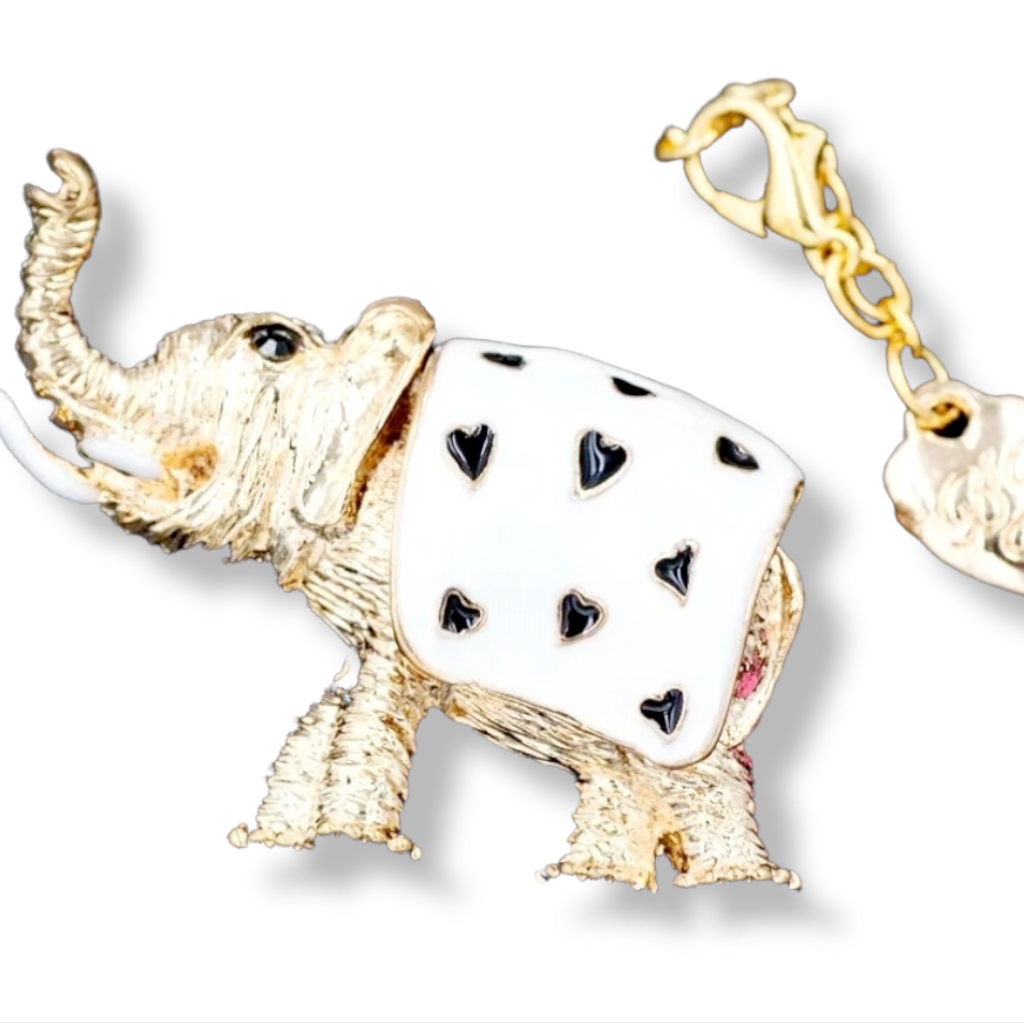 New Gold Plated Black-And-White Heart Covered Elephant Necklace/Brooch